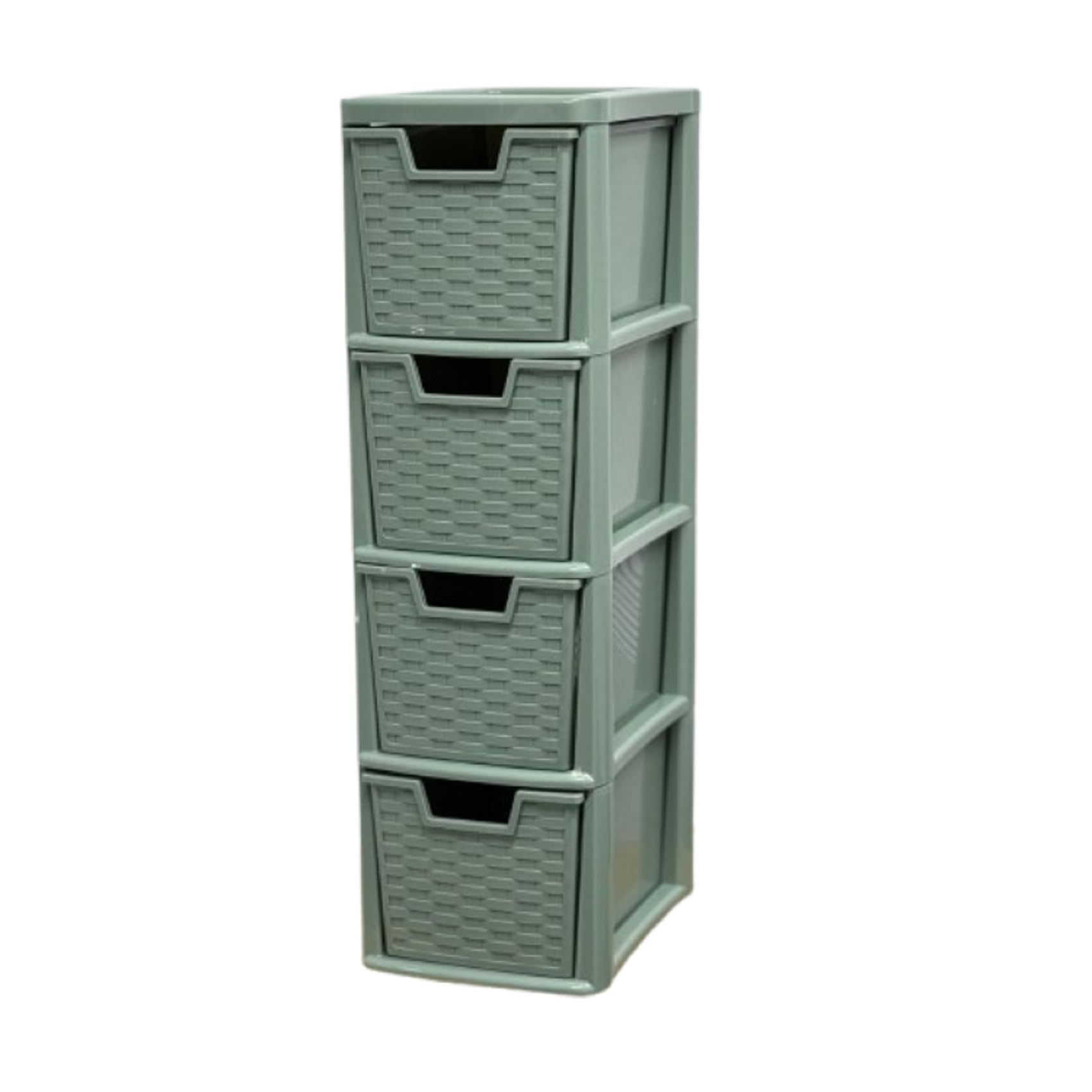 KYY'Z Rattan Effect Drawer Plastic Storage Organizer- Multipurpose Storage Drawer Unit Home Kitchen Office School Garage Bedroom Bathroom Stationery Toys 25Dx19Wx 62Hcm (Sage Green, 4 Tier)