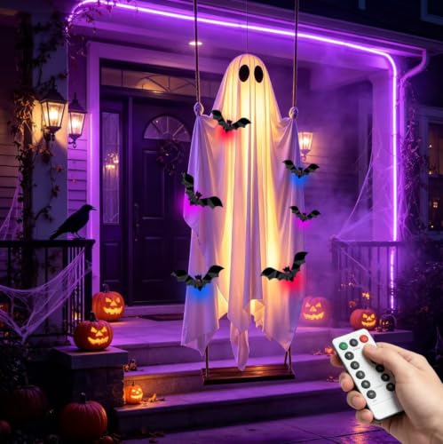 5FT Halloween Hanging Swing Ghost Decorations Outdoor with Lights, Large Hanging Swing Ghost with 6 3D Bats, Remote Timer Waterproof Ghost Decor for Front Porch Yard Tree