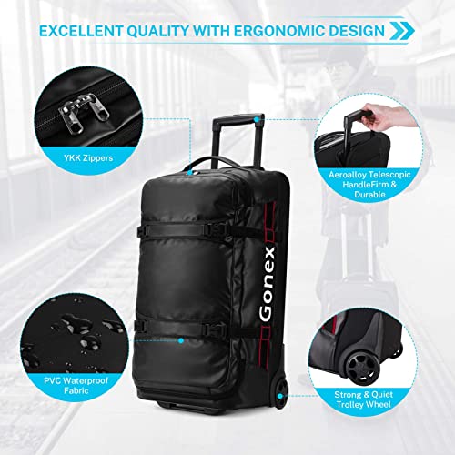 Gonex Rolling Duffle Bag with Wheels, 70L Water Repellent Wheeled Travel Duffel Luggage with Rollers 26 inch, Black