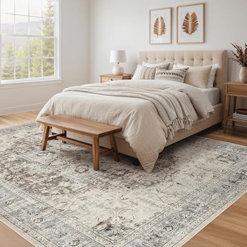 Tortania Area Rug Living Room Rugs - 8x10 Washable Boho Rug Vintage Oriental Distressed Farmhouse Large Thin Indoor Carpet for Living Room Bedroom Under Dining Table Home Office - Brown Blue