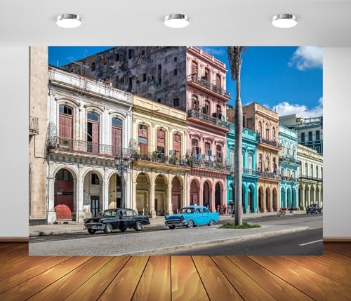 BELECO 7x5ft Fabric Cuba Street Backdrop Latin American City Old Havana Downtown Street Colorful House Background Cuba Travel Theme Party Decorations Booth Studio Props Wallpaper