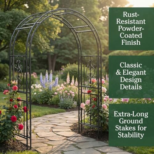 Image of Plow & Hearth Arch Metal Outdoor Garden Arbor | Montebello | 7 Feet Tall | Steel Iron Trellis Lattice for Climbing Plants & Heavy Vines | Wedding Outdoor Patio Decor