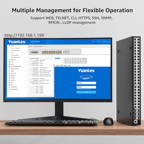 Image of YuanLey 48 Port Gigabit Managed PoE Switch with 48 10 /100 /1000Mbps PoE+ Ports, 6X 10Gbps SFP+, L3 Smart Managment Ethernet Switch, VLAN, QoS, ACL, SSL, Fanless, Rackmount Network Switch