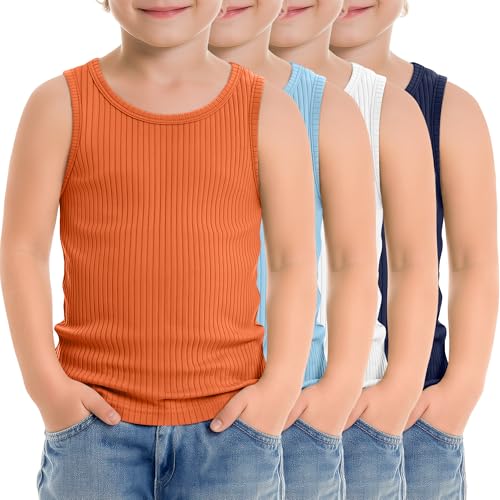Image of 4 Pack Toddler Boys Cotton Tank Tops | Ribbed, Sleeveless T-Shirts, Summer Undershirts, Slim Fit, Crewneck, Layering, Sizes 18M-5T