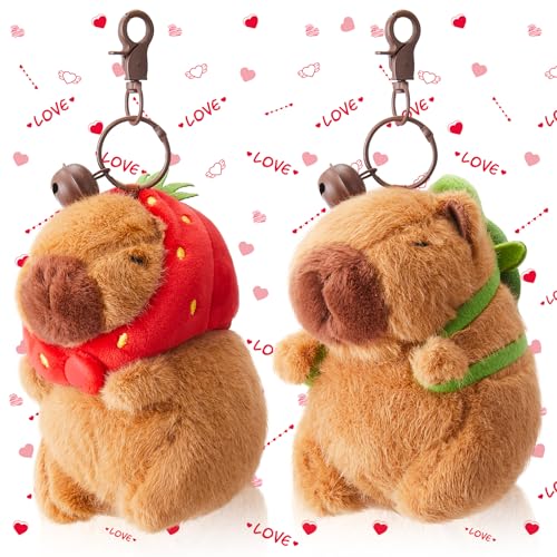 Simgoing 2 Pcs Capybara Plush Keychain Capybara Stuffed Animals Plush Pendant for Valentine's Gifts Exchange Birthday Party(Turtle Bag, Strawberry Hood)