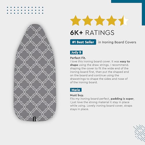 Image of Encasa XO Ironing Board Cover and Pad 49 inchx18 inch - Thick 3mm Felt Padding, Drawstring Tightening & Lock, Easy Fit, Scorch & Stain Resistant, Fits Wide Ironing Board - Grey Tiles