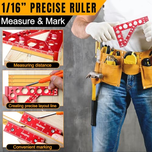 8-in-1 Carpenter Square and Center Finder, Small Aluminum Multi-Purpose Carpenter Tool with Center Marking Hole Woodworking, Metal Multi-Angle Measuring Ruler with Position Pin/Angle Pin/Drill Bushing - Image 7