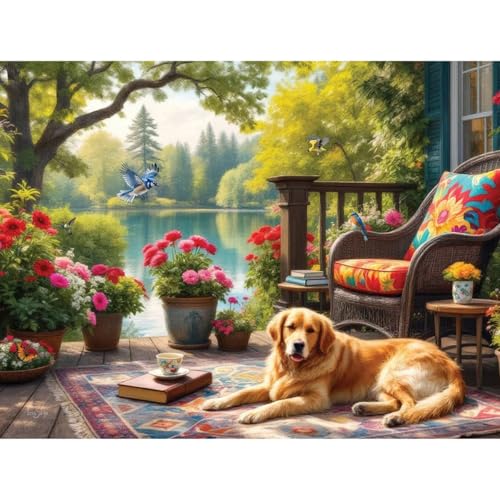 Bits and Pieces Rompecabezas de 300 piezas para adultos - Porchside Tranquility - Mesa de 18" x 24" con perro Golden Retriever en el lago, 300 piezas grandes únicas miniatura 2