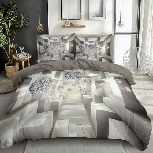 Silver Duvet Cover King Size Surreal Geometric Space Reversible 3 Pieces Duvet Cover Set, Bedding Set for All Season, Soft and Breathable Bedding Set with Zipper Closure