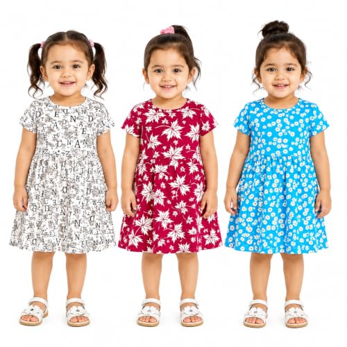 Image of Kids 3 Combo Cotton Frock for Girls | Multicolour Knitted Summer Dress | Below Knee Baby Girl Dress with Round Neck & Cup Sleeves (Random Colours)