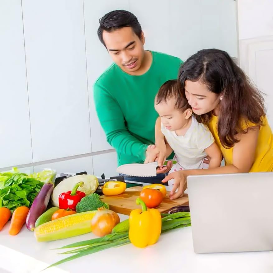 Miniatura 6 de Tellshun Juego de cuchillos de cocina para niños de 9 piezas, cuchillos para cocina real con tabla de cortar y pelador, cortador de sándwich, bordes