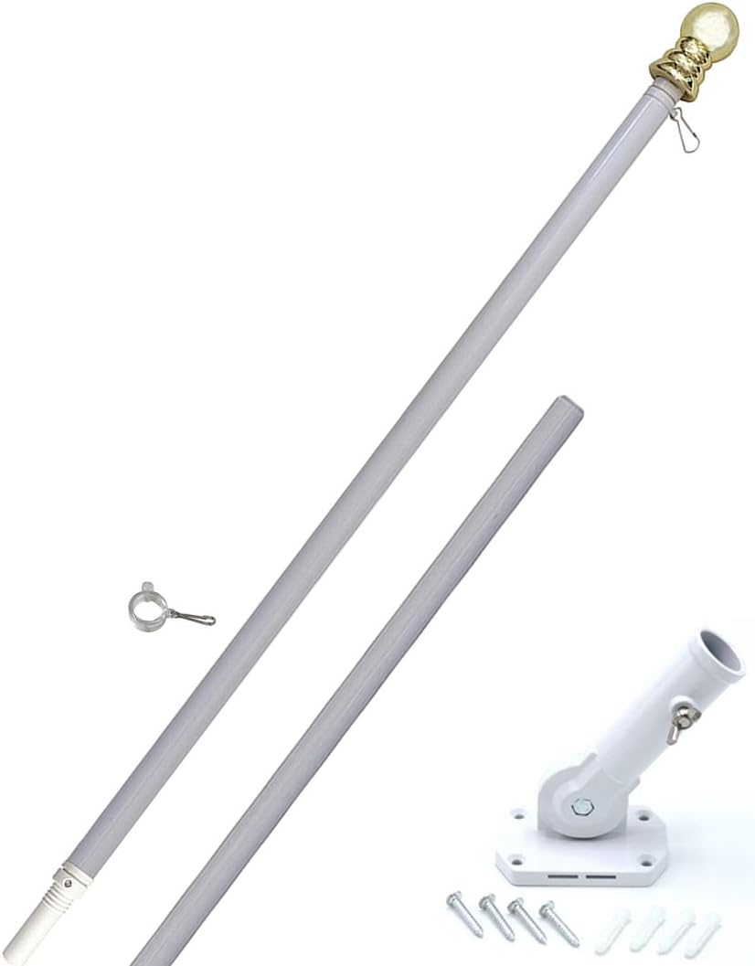 American Signature Flag Pole and Bracket Holder Kit: Includes 5 Ft Heavy Duty Aluminum Tangle Free Spinning Flag Pole and Adjustable Outdoor Wall Mount Bracket (White, 5')