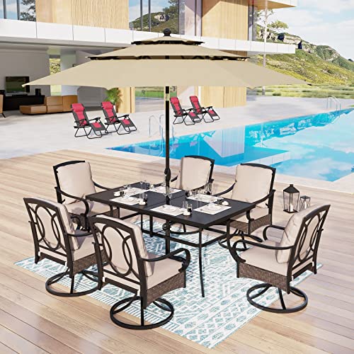 Mfstudio 7 Pieces Patio Dining Set,Outdoor Table And Chair Furniture Set With 6 Metal Swivel Chairs And 1 Retangle Table,1.58" Umbrella Hole,Beige Cushion #TOP5