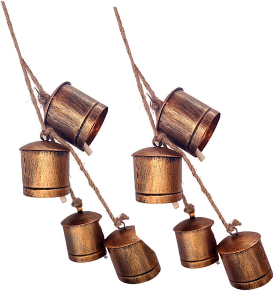 Vintage Metal Cow Bells Hanging Decoration, 2pcs Cast Iron Rustic Garden Porch Ornaments with Copper Finish, Decorative Hanging Iron Bells for Outdoor Farmhouse Accents