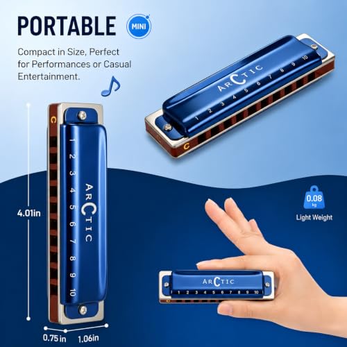 Image of ARCTIC C Key 10-Hole 20-Tone Premium Harmonica With Case & Cloth - Blue | Excellent Airtightness, Smooth Airflow, Easy Playability, Bright Clear Tone, ABS Comb, Brass Reeds, Beginner Friendly