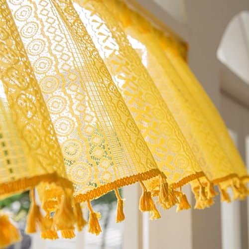 Deeprove Yellow Boho Curtain Valance Gauze 18 Inch Length for Kitchen Cafe Oven Sink Short Bohemian Sheer Lace Crochet Tassel for Panty Bedroom Gold Window Treatment Easter Decor W59 x L18, 1 Panel by Deeprove - Used condition - Image 5