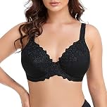 Ayigedu Women's Full Coverage Plus Size Underwire Push Up Bra Floral Lace Non Padded Comfort Everyday Bra 48C Black