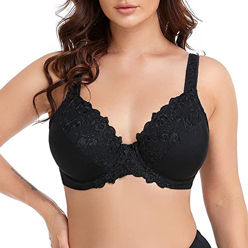 Image of Ayigedu Women's Full Coverage Underwire Push Up Bra Floral Lace Plus Size Non Padded Comfort Everyday Bra 46E Black