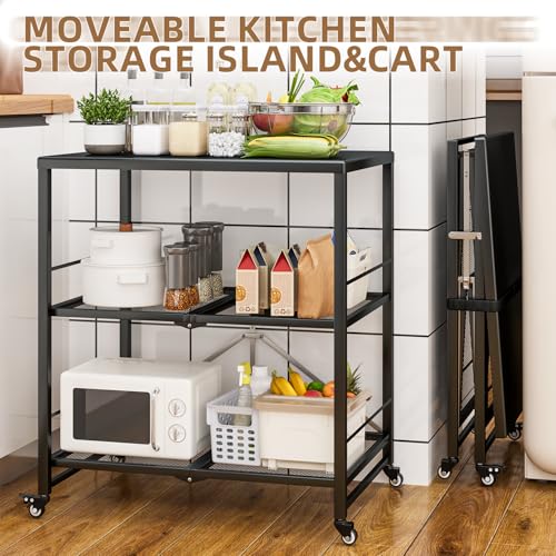 UNIONLINE Foldable Stainless Pizza Oven Table,3-Tier Outdoor Grill Cart Trolley on Wheels, Garden Dining Cart Movable BBQ Stand Black - Image 2