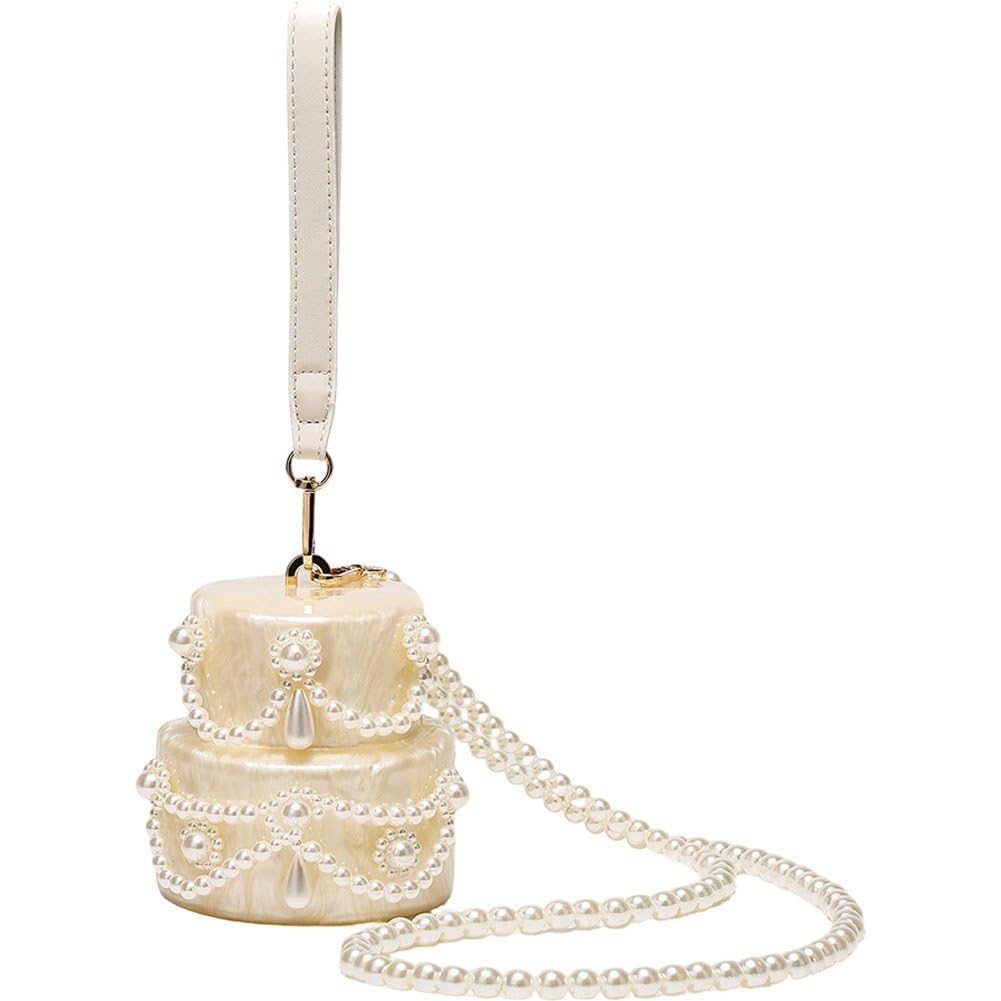Fituenly Women Beaded Pearl Purse, Mini Acrylic Cake Shape Evening Bag, Pearl Handbags with Handle, Small Lady Party Prom Wedding Handmade