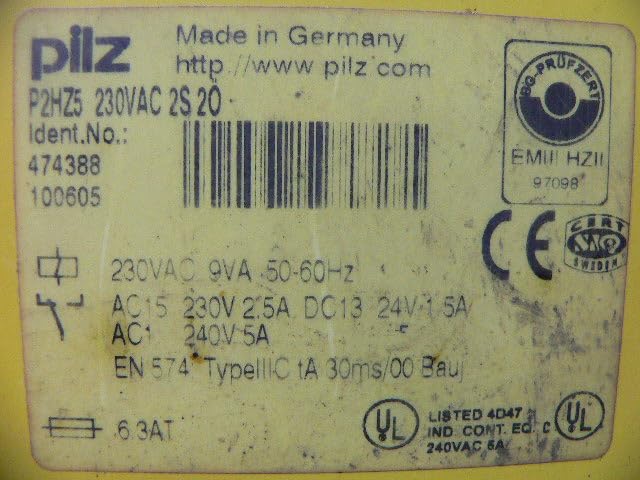 Close-up of the product label on the P2hz5 230Vac 2S 2O Safety Relay, detailing specifications like voltage, current, and certifications.