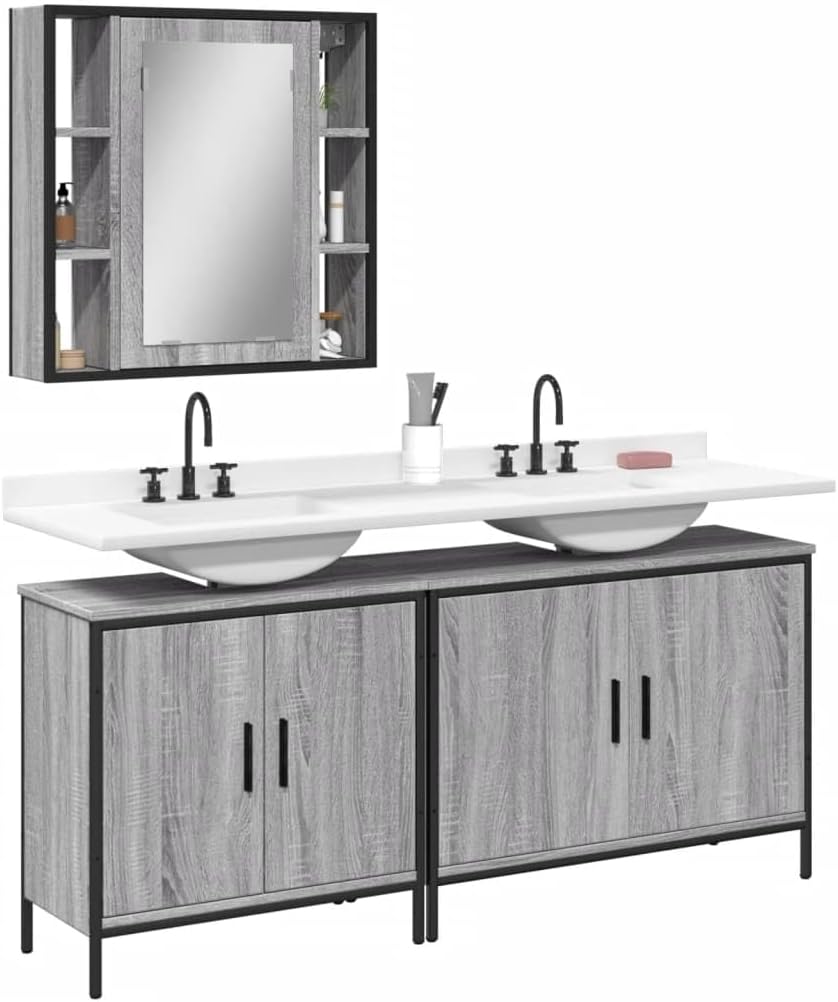 3 Piece Bathroom Cabinet Set Grey Sonoma Engineered Wood with Ample Storage Space, Adjustable Feet, Clear Mirror, and Extra Shelf for Bathroom Organization and Vanity Storage