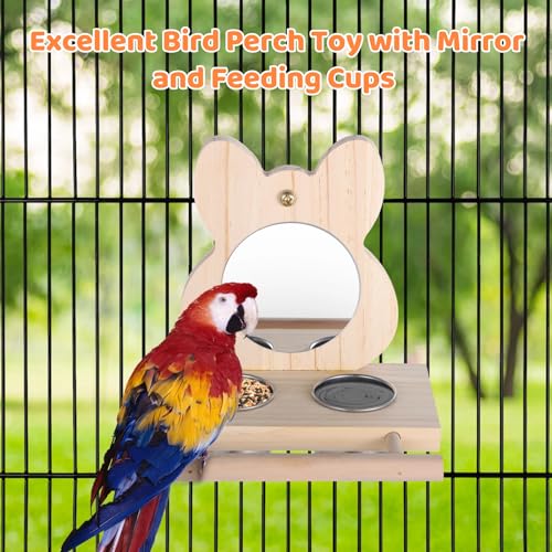 Image of Parrot Bird Perch with Mirror and Feeding Cups, Wooden Parrot Mirror Toy for Bird Cage, Bird Food Water Feeder Perch for Budgie Parakeet Lovebird African Grey Macaw Cockatiels