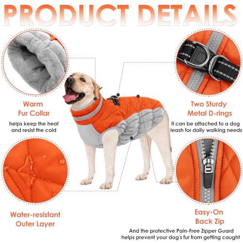 Image of AOFITEE Dog Coat, Warm Dog Jackets for Large Dogs, Reflective Turtleneck Dogs Winter Coat with Harness Built in, Waterproof Windproof Pet Snow Jacket Fleece Vest for Cold Weather, Orange XXL