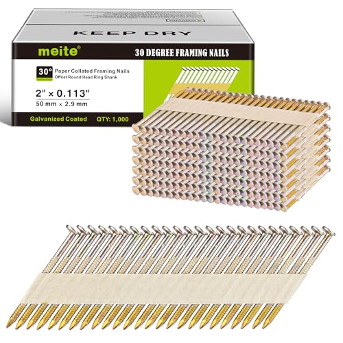 meite 30 Degree Framing Nails 2 Inch Ring Shank Paper Collated Nails for 30-34 Degree Framing Nailer Gun, Electro-Galvanized Offset Round Head Framing Nails for Wall Studs Sheathing Decking 1,000PCS