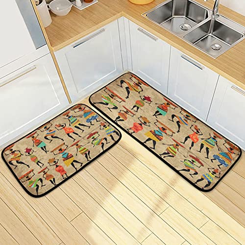 Cupada Retro African Women Kitchen Rugs And Mats 2 Pcs, Ethnic Colorful Non-Slip Floor Runner Mat For Living Room Bedroom Dorm Hallyway Home Decor 19.7"X27.6"+19.7"X47.2" #TOP7