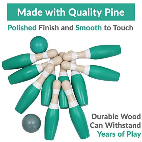 Sterling Sports Wooden Lawn Bowling 9" Skittles Set With Carrying Mesh Bag For Indoors And Outdoors - 10 Wooden Pins And 2 Balls, Green/Turquoise And Gray #TOP2