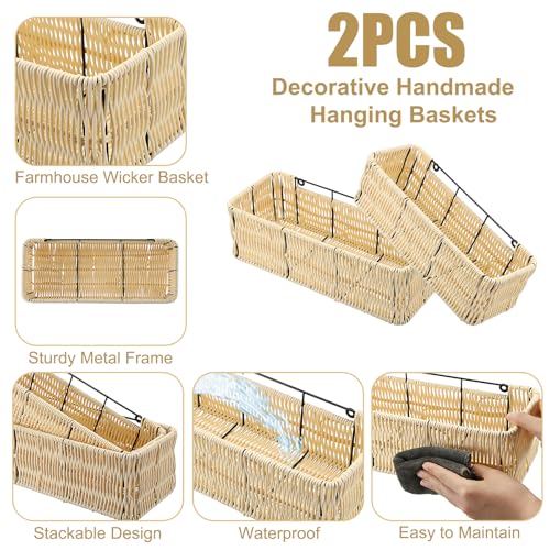 Sumnacon Set of 2 Hanging Baskets for Bathroom, Wall Mounted Baskets for Organizing, Sturdy Plastic Woven Storage Bins, Farmhouse Rattan Wall Basket for Toilet Tank, Shelf, Cabinet, Kitchen Counter by Sumnacon - Image 4