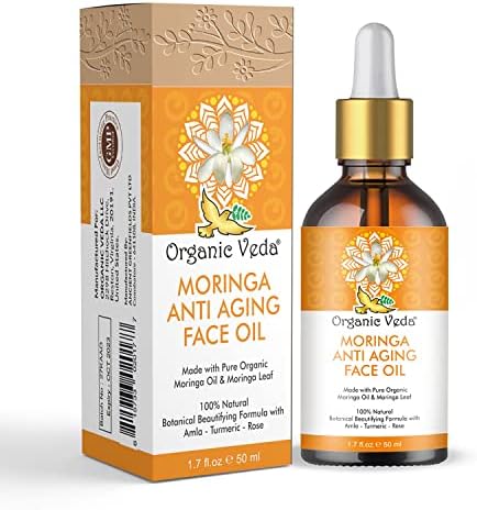 Organic Veda Moringa Anti-Aging Face Oil, Age-Defying & Moisturizing Moringa Oil, Made with Cold Pressed Pure Moringa Seeds & Moringa Leaf Oil with Amla, Turmeric, Rose 1.7 fl oz