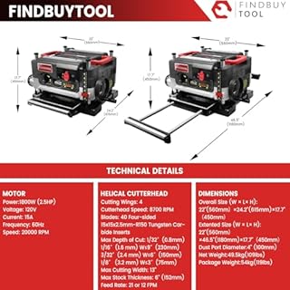 FINDBUYTOOL 13-Inch Thickness Planer with Helical Cutterhead - 2.5HP Motor, 2-Speed (21/12 FPM), 40 Carbide Inserts, Precision Depth Adjustment, Dust Port, LED Light- Professional Woodworking Tool