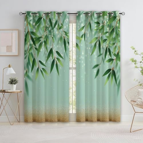 Genérico Verde Cortinas Opacas para Oscurecer la Habitación, 110 x 215 cm (An x Al) Cortinas de Chino Minimalista Hojas De Bambú Elegante con Ojales - Set de 2 Paños para Decoración de Habitación