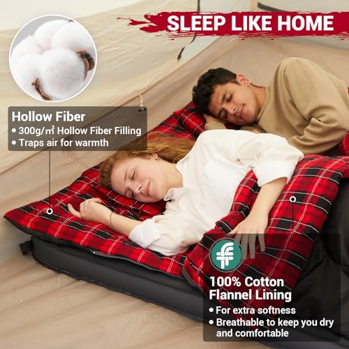 Image of KingCamp Double Sleeping Bag for Adults, Queen Size 2 Person XXL Flannel Sleeping Bag, Waterproof Lightweight Flannel Quilt with 2 Pillows, Perfect for Couples Family Camping Hiking