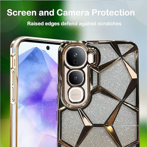 Image of VONZEE Gradient Glitter Case for VIVO Y400, Luxury Electroplated 3D Cube, Diamond Bling Shiny Soft TPU Clear Shockproof Women Girls Protective Phone Cover (Gold)