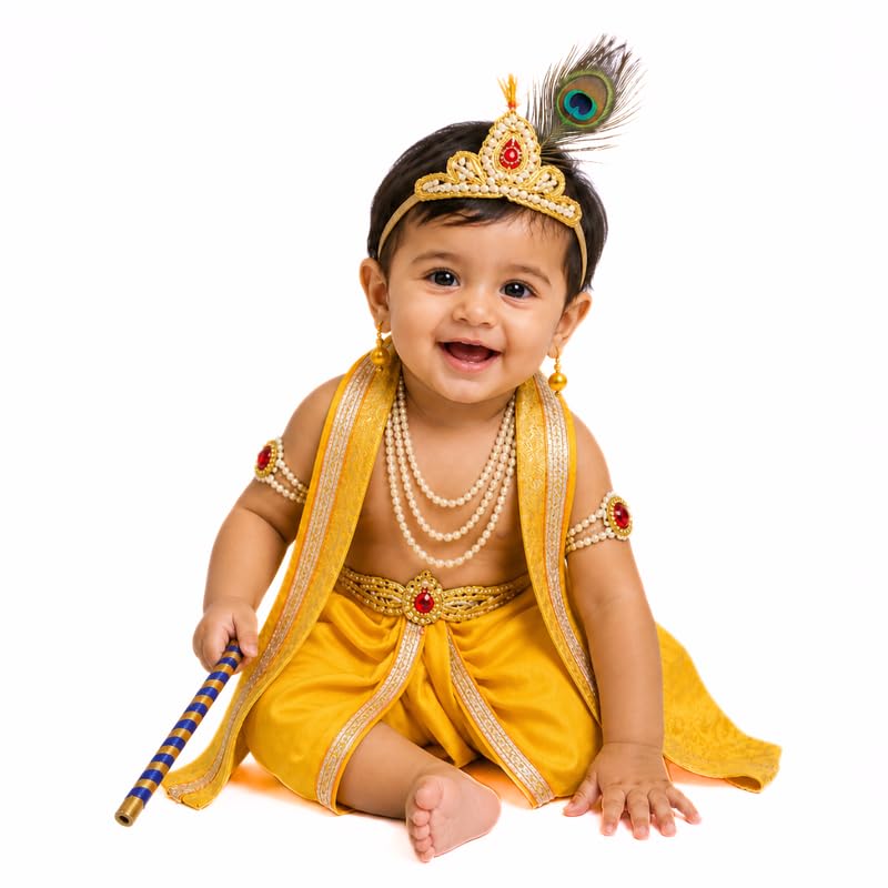Image of Krishna Dress for Baby Boy Kids(Dhoti,Patka,Mukut,Morpankh,Bansuri,Kamarband,Bajuband,Kundal) Little Krishna Ji Kanha Janmasthmi Costume