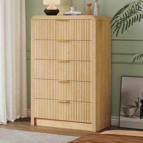 Image of Decofy Fluted 5 Drawers Dresser, 48 inch Tall Modern Chest of Drawers with Round Edge & Metal Handle, Wood Drawer Organizer for Living Room, Bedroom, Entryway, Hallway (Natural Oak)