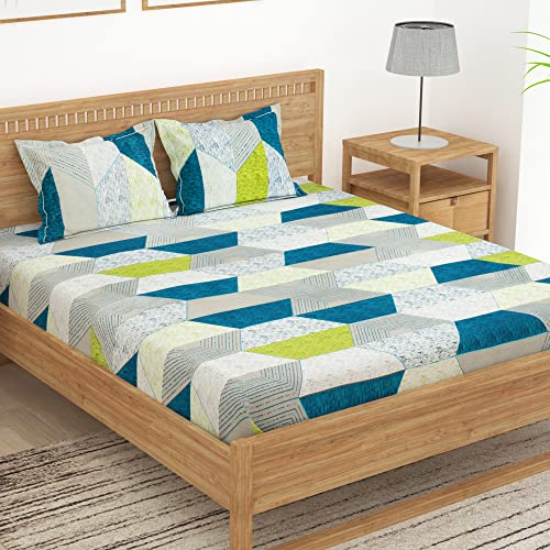 Story@Home 144 TC Cotton Bedsheet for Double Bed with 2 Pillow Covers, Lime Teal and Off White