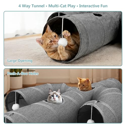 Image of Ownpets Cat Tunnel Sturdy Oxford Fabric Cat Tunnel Toy, Cactus Shape Collapsible Cat Tunnels for Indoor Cats,Interactive Peek Hole Pet Tunnel Tube with Cat Wand Toy