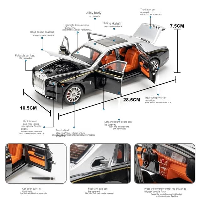 Image of 1 /24 Rolls-Royce Phantom Model Car with Box, Zinc Alloy Pull Back Toy car with Sound and Light for Kids Boy Girl Gift?Colors as Per Stock? (Rolls Royce Phantom 1:24)