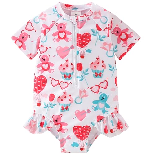 Image of AMIYAN Toddler Girls One-Piece Swimwear Short Sleeve Ruffle Swimsuit Zipper Rash Guard Bathing Suit for Little Girls 1-5Y