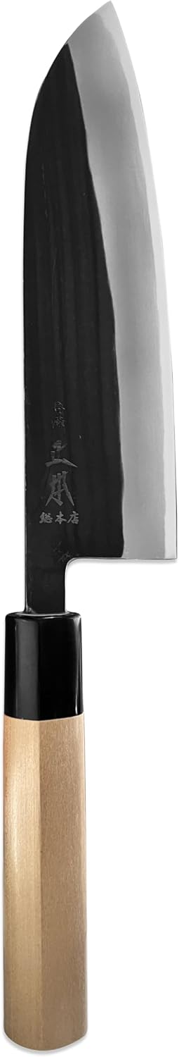 MASAMOTO KA Japanese Santoku Knife 6.7" (170mm), Kurouchi Bunka All Purpose Knife, Aogami Blue Steel #2 Blade, Made in JAPAN