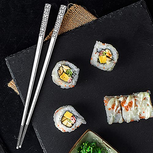 BUMACO 5 Pairs Metal Chopsticks Reusable Japanese Korean Style Stainless Steel Chopstick, Square Lightweight Laser Pattern Chop Sticks Dishwasher Safe - Gift Set (Type-B)
