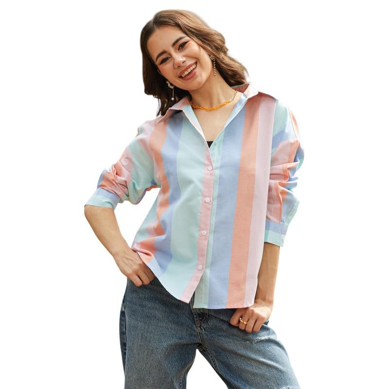 Image of PINACOLADA Women's Solid Oversized Shirt for Casual Wear | Spread Collar | Long Sleeve | Button Closure | Oversized Shirt Crafted with Comfort Fit for Everyday Wear