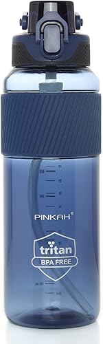 PINKAH Botella de agua de 35 onzas con popote, sin BPA y a prueba de fugas, botella de agua deportiva Tritan con asa para entrenamiento de gimnasio,