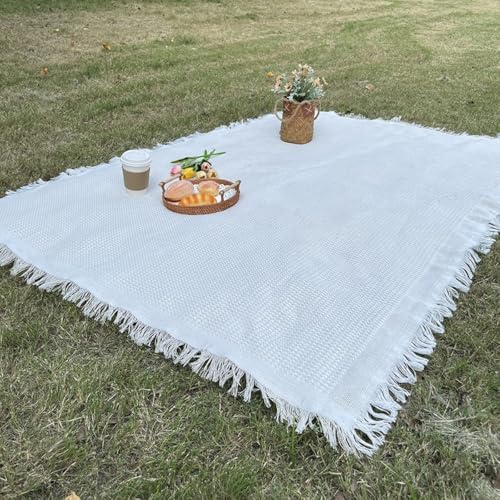 Whakano Manta de picnic con flecos para playa, multifuncional, para sofá, lavable, para salón, tienda de campaña, pícnic, playa, parque, blanco, 90 x 180 cm