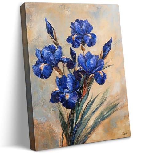 vandlife Vintage Blue Flower Canvas Wall Art Oil Painting of Iris with Blue Petals Yellow Accent on Creamy Beige Background Rustic Botanical Prints for Living Room Decor Gallery Wrapped 24x32in