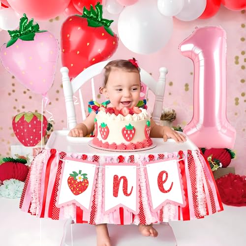 Image of Kriyokiaa Berry First Birthday High Chair Banner One High Chair Banner Girl Photo Backdrop First Birthday Decorations for Girl Wall Hanging Decorations for Kids Bedroom, Red /Pink